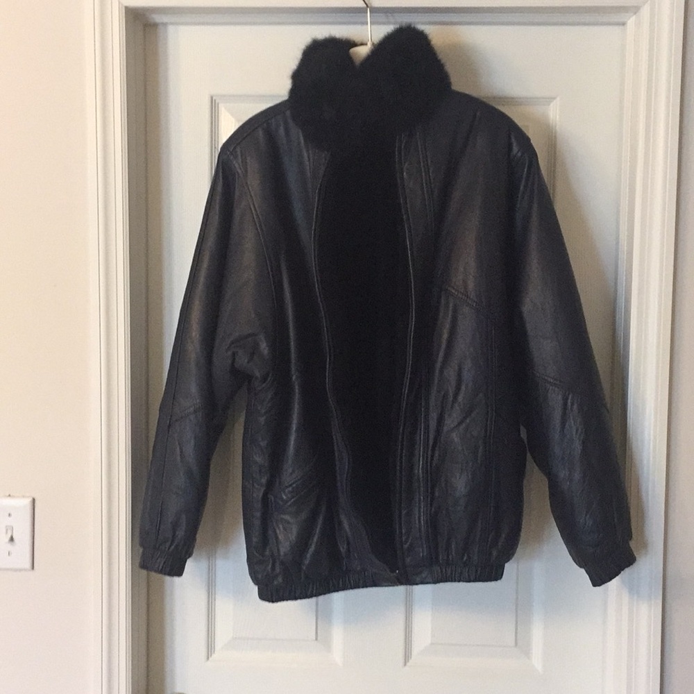 Reversible Navy dyed Opossum jacket with leather